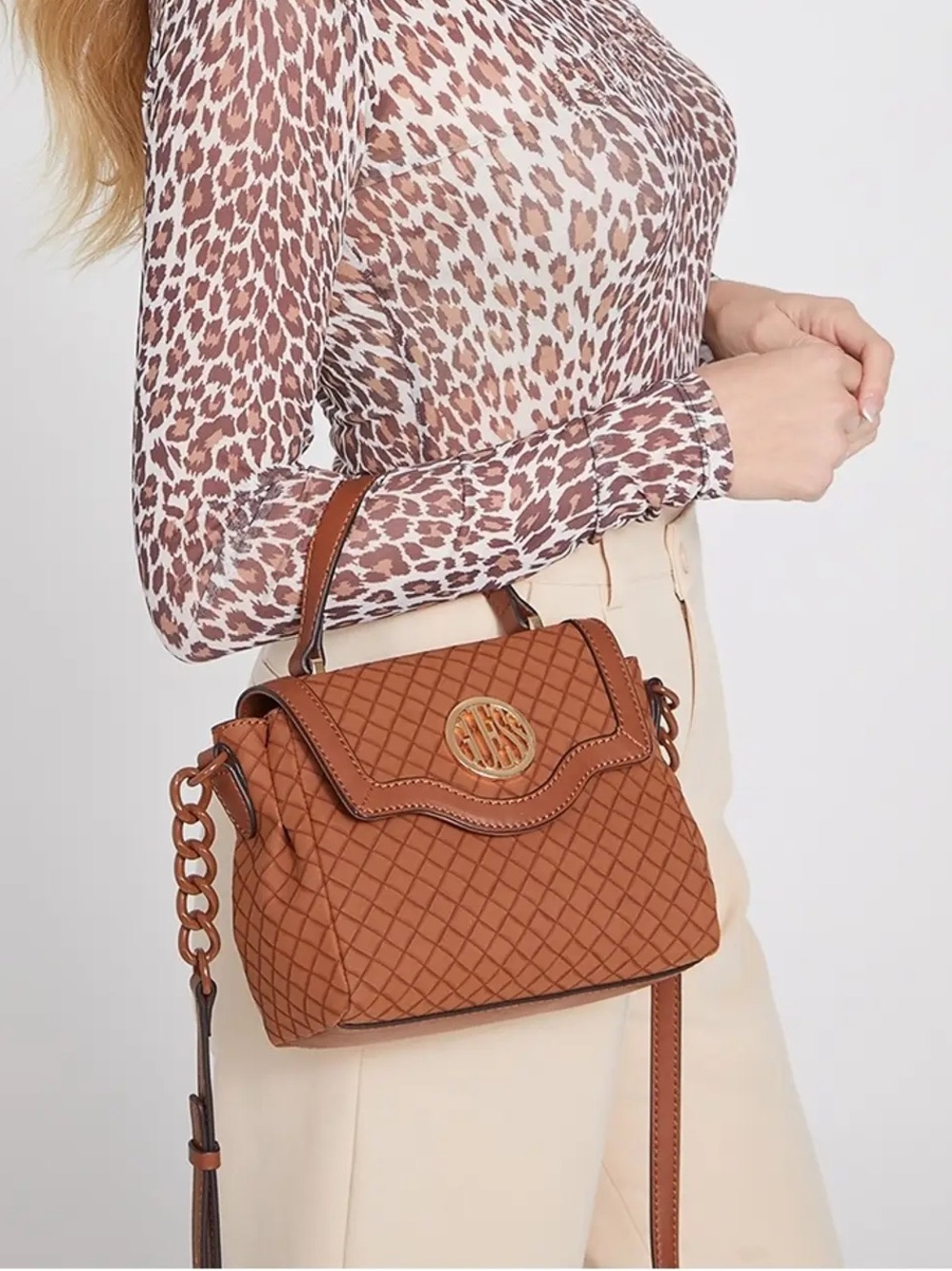 GUESS BROWN TEXTURED WILDERSON SATCHEL PURSE
